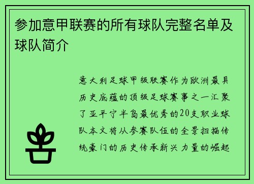 参加意甲联赛的所有球队完整名单及球队简介