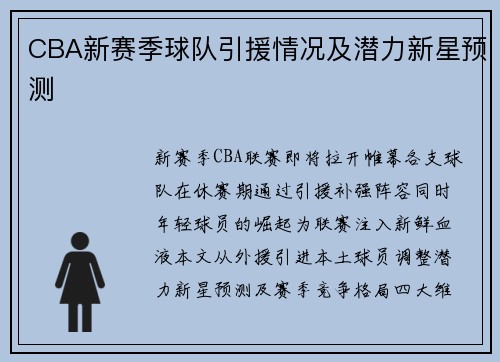 CBA新赛季球队引援情况及潜力新星预测