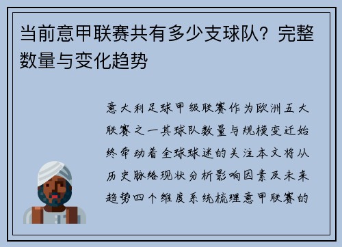 当前意甲联赛共有多少支球队？完整数量与变化趋势