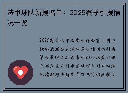 法甲球队新援名单：2025赛季引援情况一览