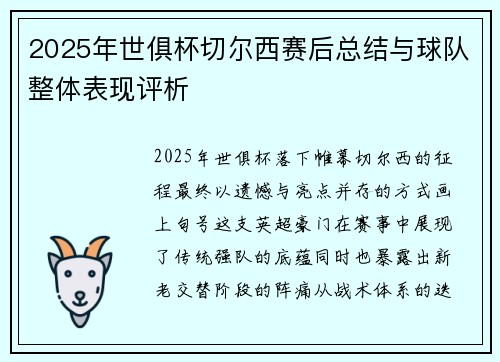 2025年世俱杯切尔西赛后总结与球队整体表现评析