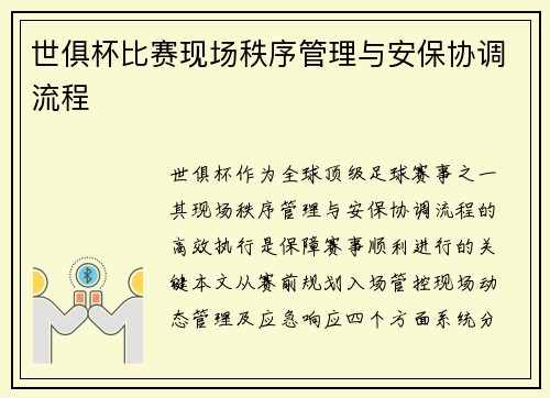 世俱杯比赛现场秩序管理与安保协调流程